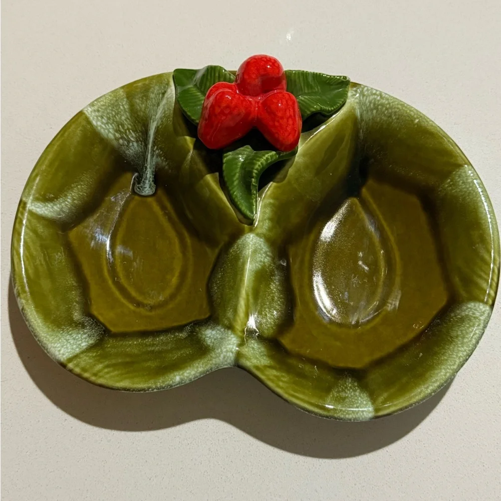 Vintage California‎ Pottery Green Divided Strawberry Serving Dish #892